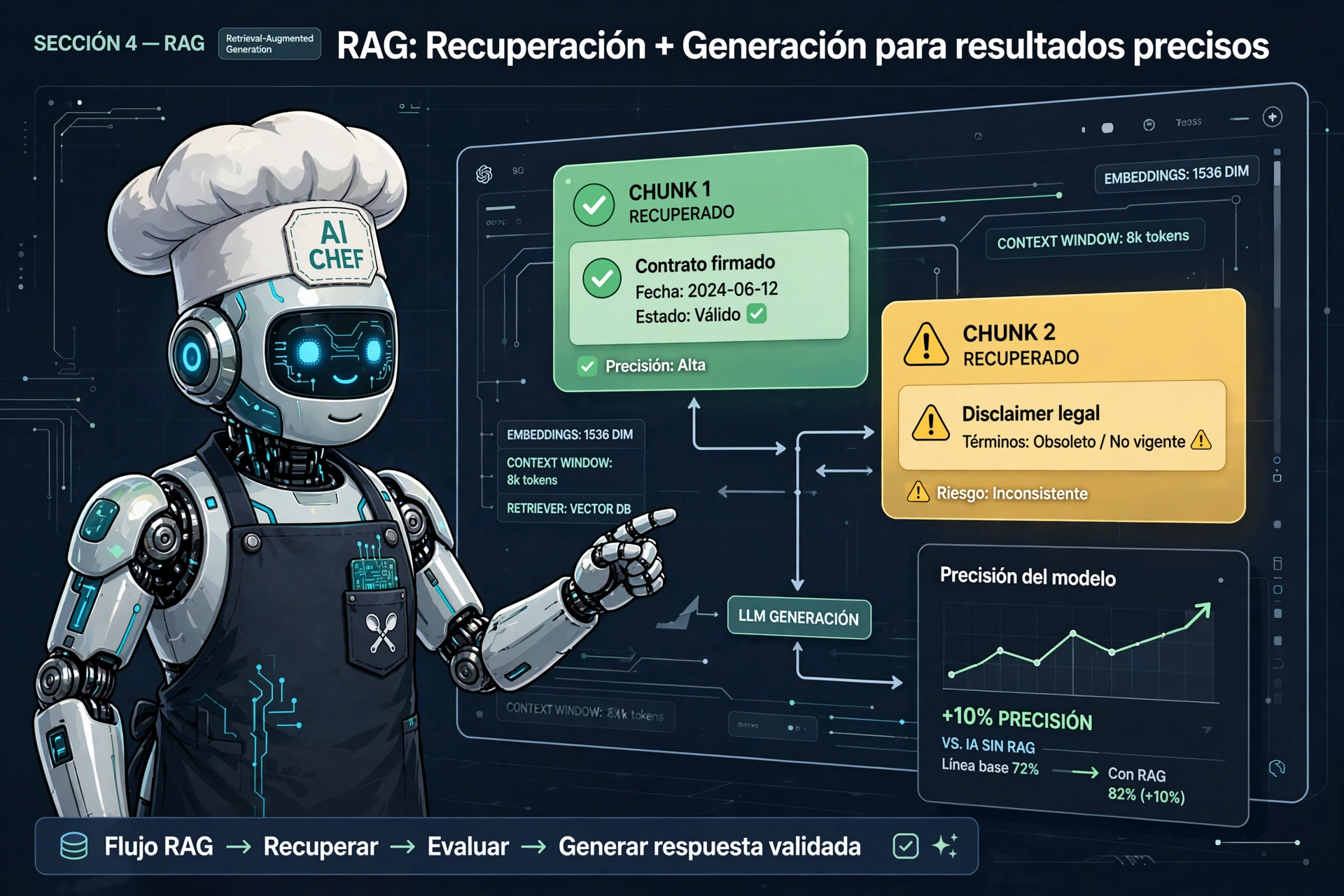 Infografía: RAG - Recuperación y Generación. Se compara el chunk 1 (contrato válido) con el chunk 2 (disclaimer obsoleto) y muestra un aumento del 10% en precisión con RAG