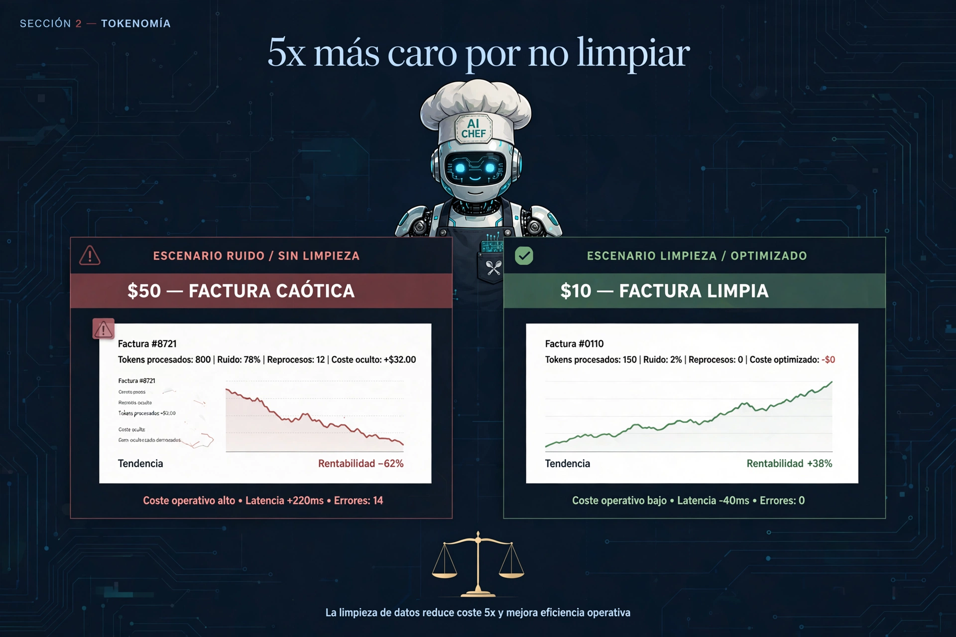 Infografía: Tokenomía del desorden - comparativa de costes entre datos sucios y datos limpios, mostrando un ahorro de 5x